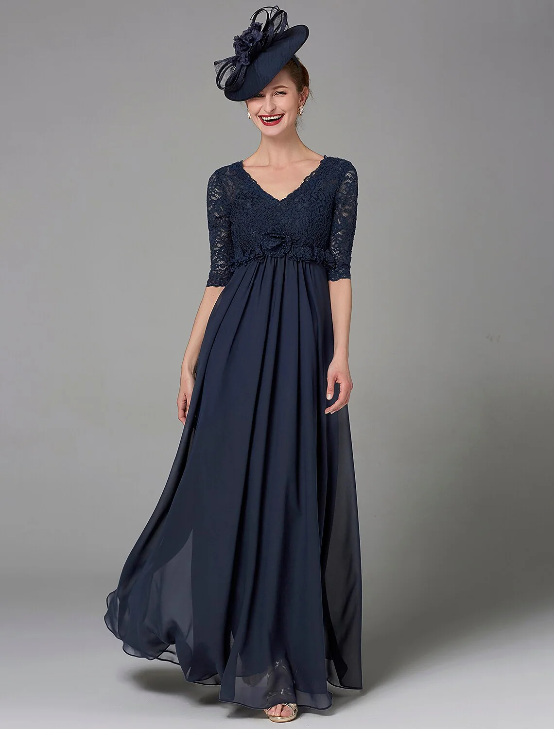 A-Line Mother of the Bride Dress Elegant Luxurious V Neck Floor Length Chiffon Lace Half Sleeve with Lace Bow(s) - TREBLEV
