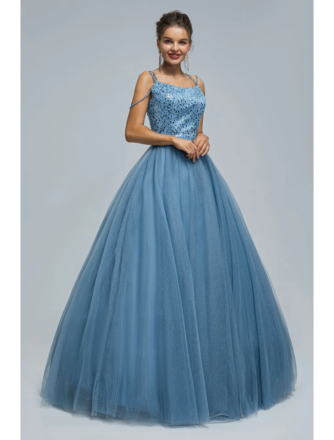 Sparkle Shine Dress Graduation Floor Length Sleeveless Strap Tulle with Pearls Sequin - TREBLEV