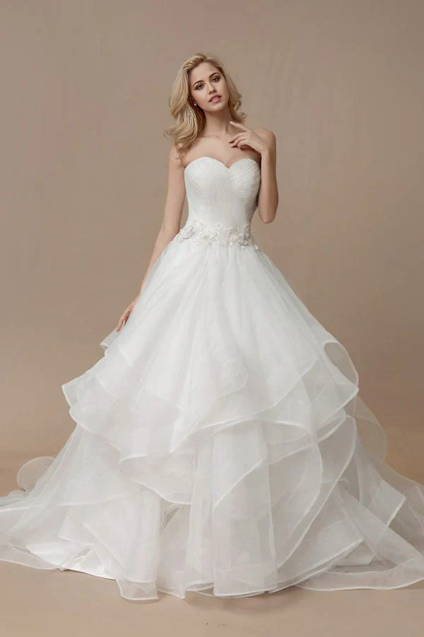 A Line Sweetheart Sleeveless Ruffles Court Train Ball Gown Bride Dresses Wedding Dresses - TREBLEV