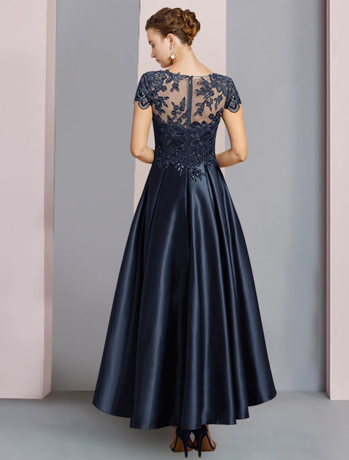 A-Line Mother of the Bride Dress Formal Wedding Guest Party Elegant High Low Scoop Neck Asymmetrical Tea Length Satin Lace Half Sleeve with Sequin Appliques - TREBLEV