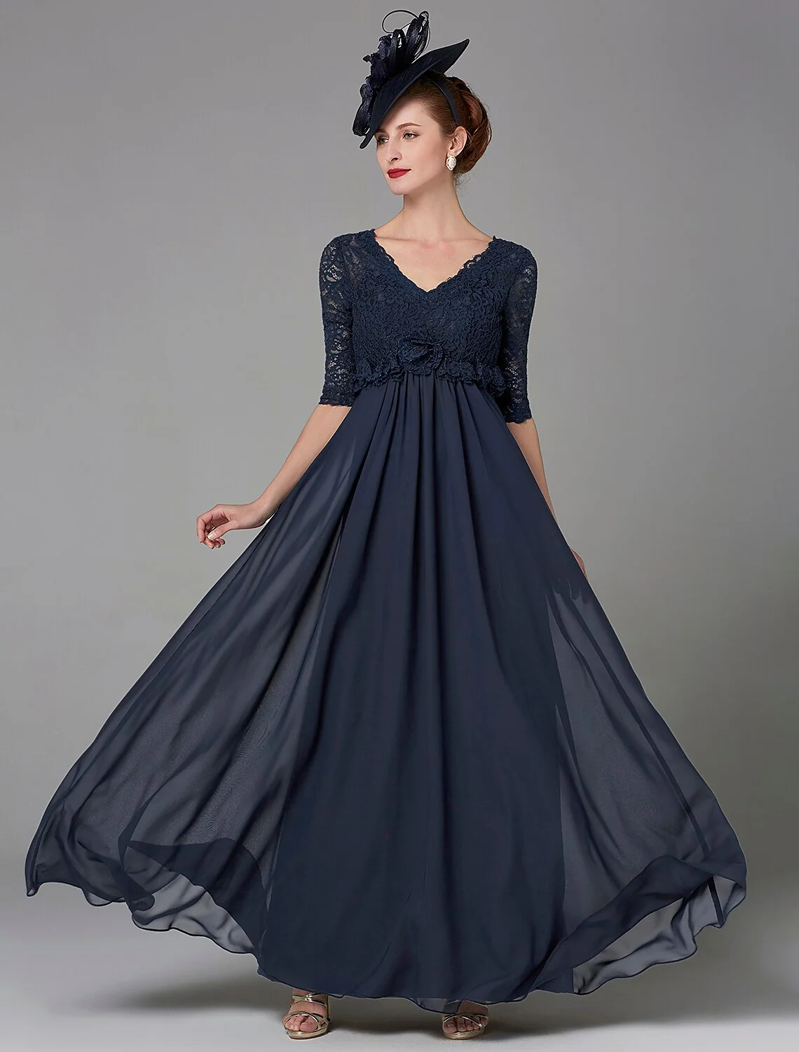 A-Line Mother of the Bride Dress Elegant Luxurious V Neck Floor Length Chiffon Lace Half Sleeve with Lace Bow(s) - TREBLEV