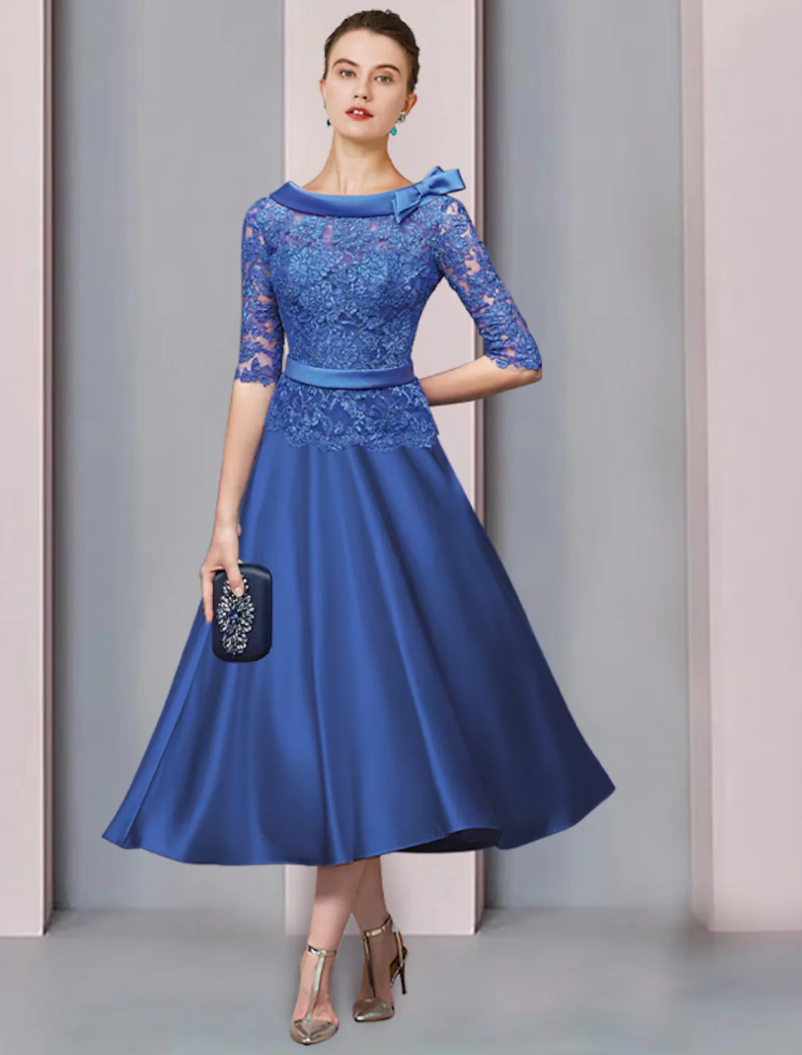 A-Line Mother of the Bride Dress Formal Church Party Elegant Satin Lace Half Sleeve with Sash Ribbon Bow(s) - TREBLEV