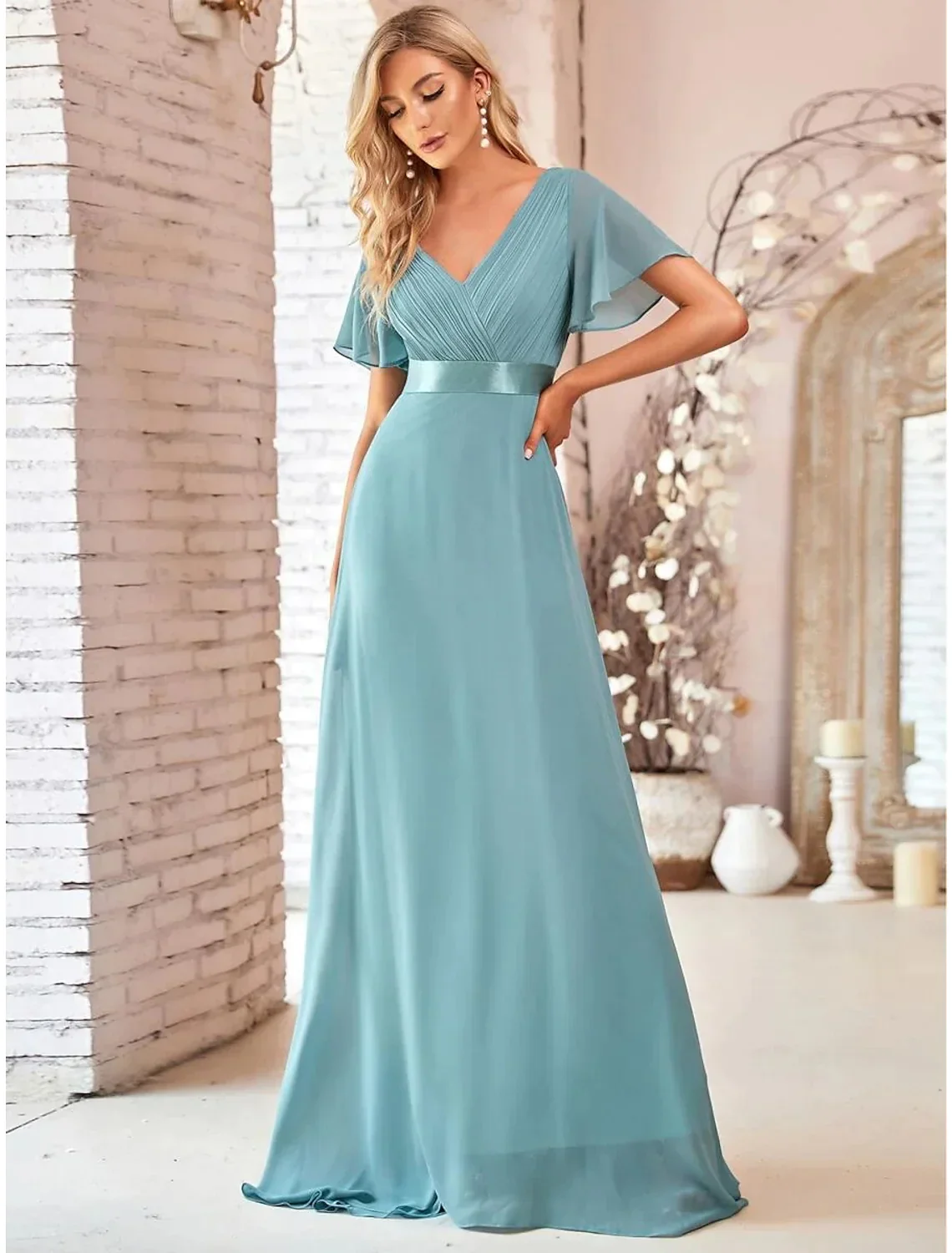 A-Line Evening Gown Dress Wedding Guest Floor Length Short Sleeve V Neck Chiffon V Back with Ruffles - TREBLEV