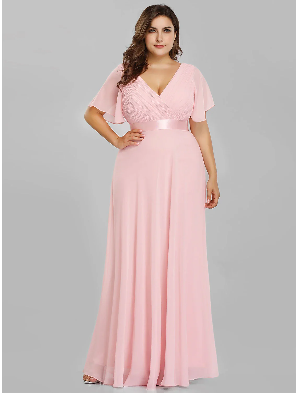 A-Line Empire Fall Wedding Guest Dress For Bridesmaid Plus Size Formal Evening Dress V Neck Short Sleeve Floor Length Chiffon with Pleats Ruched - TREBLEV