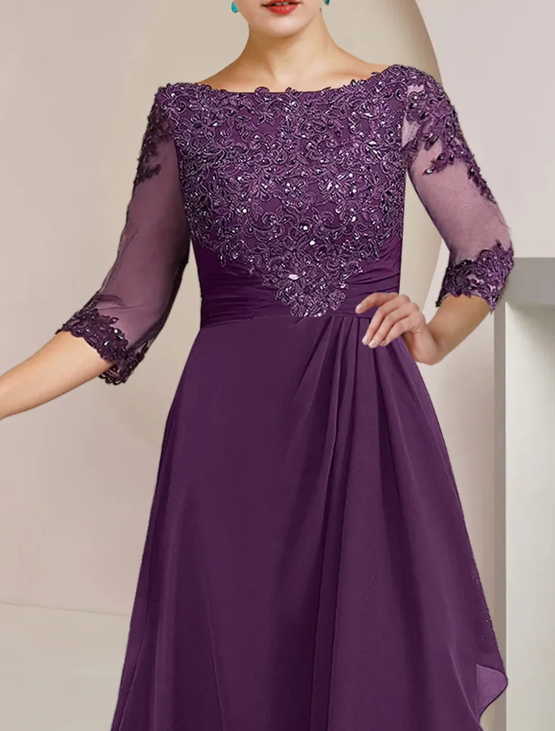 A-Line Mother of the Bride Dress Formal Wedding Guest Elegant High Low Scoop Neck Asymmetrical Floor Length Chiffon Lace 3/4 Length Sleeve with Beading Sequin Appliques - TREBLEV