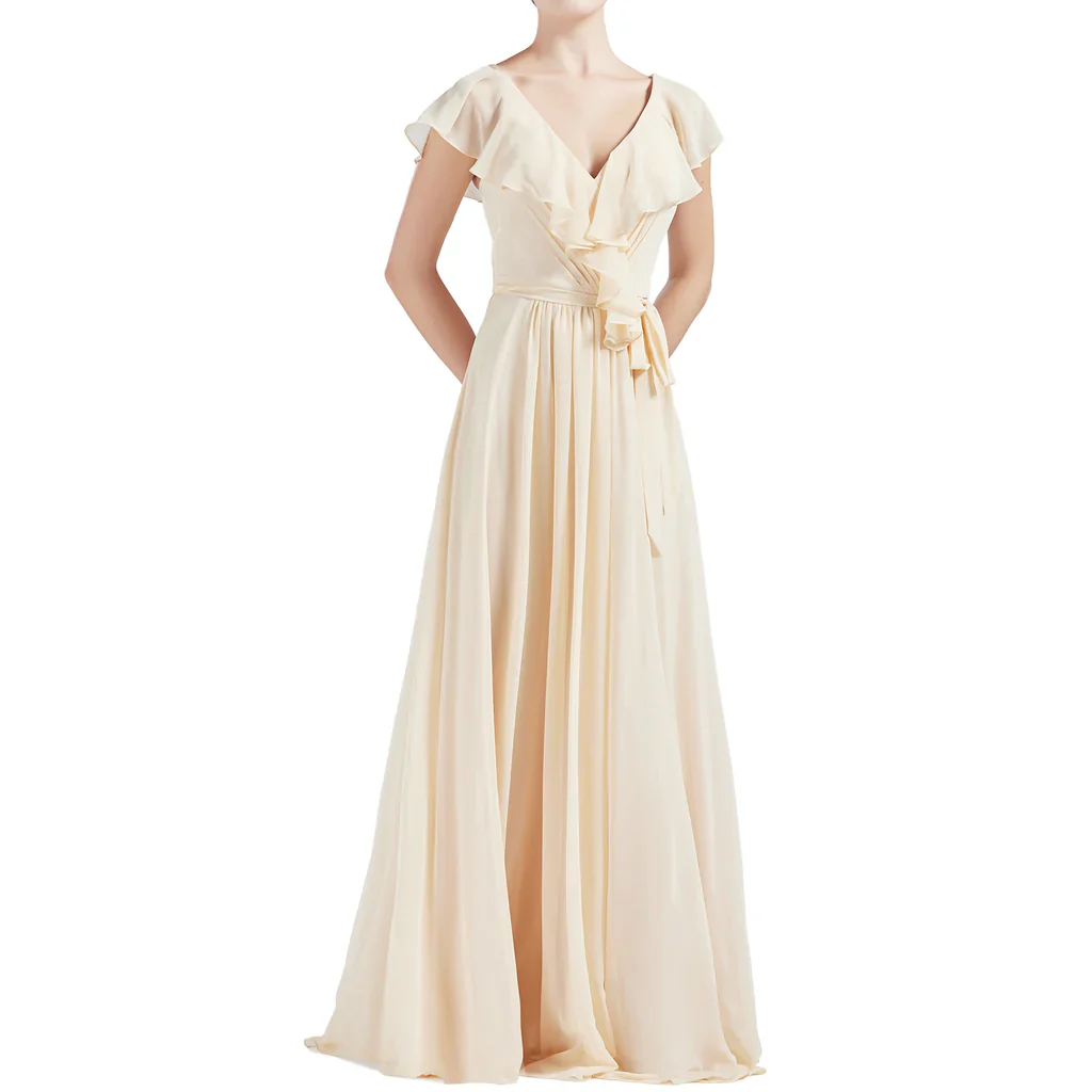 V Neck Ruffle Cap Sleeves Long Bridesmaid Dresses - TREBLEV