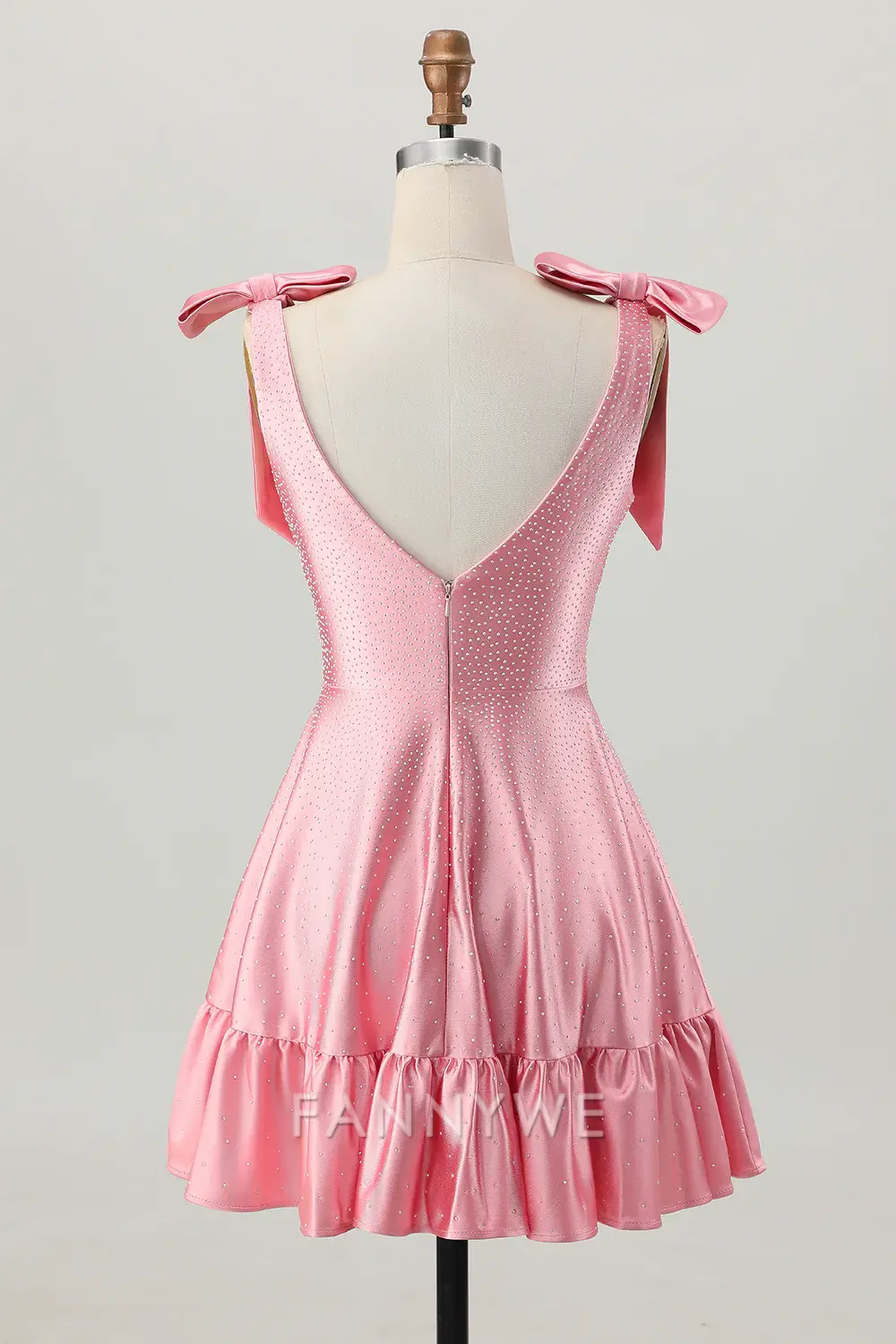 FannyWe Elegant Sparkly Blush Pink A Line Satin Short Beaded Homecoming Dress with Bow - TREBLEV