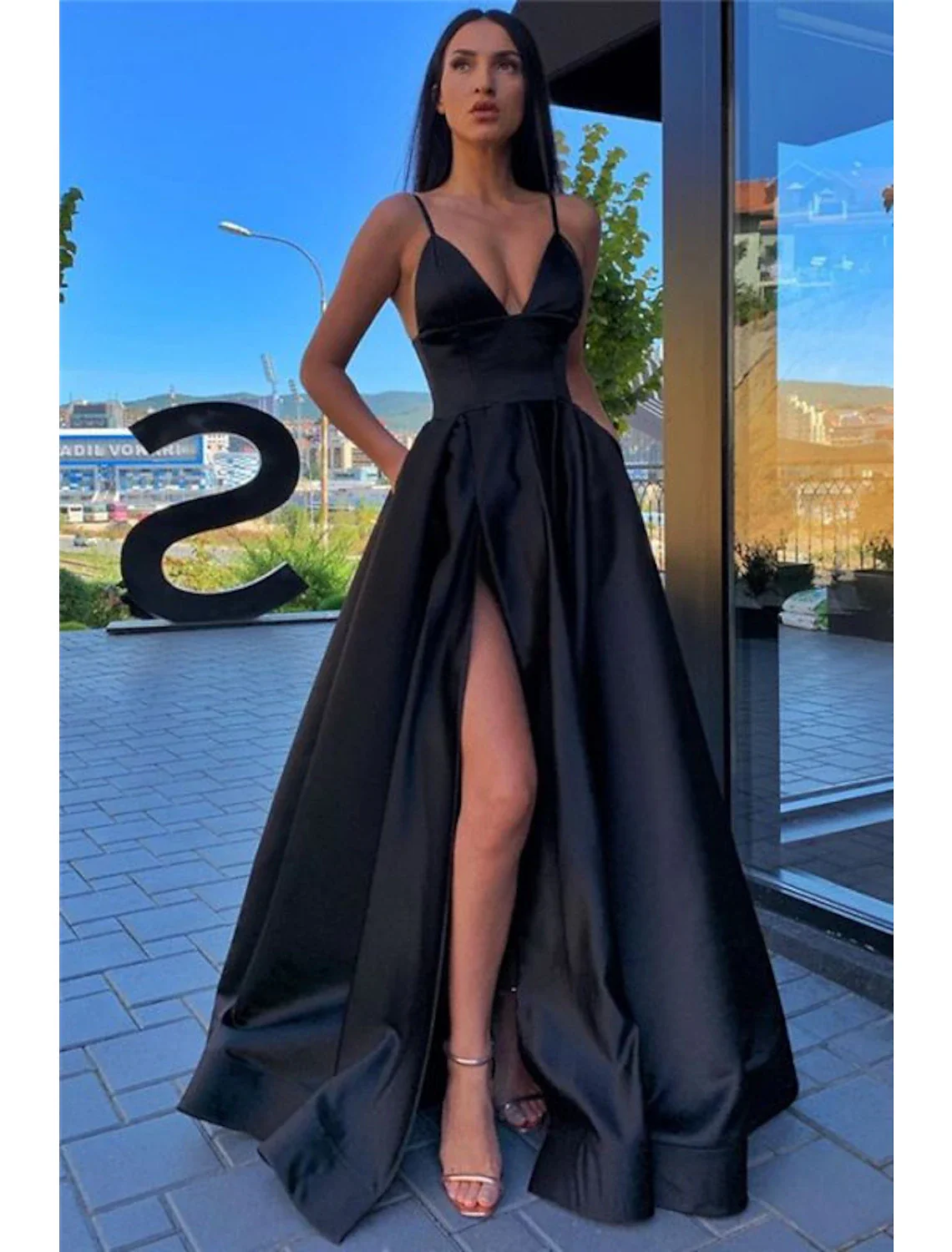 A-Line Black Prom Dress High Split Evening Dress Formal Birthday Summer Dress Spaghetti Strap Sleeveless Sweep / Brush Train Satin with Pleats Split Front - TREBLEV