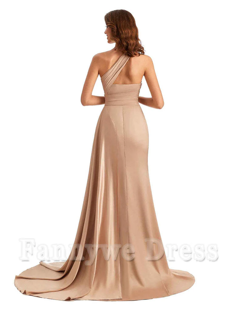 Mermaid One shoulder Satin formal dresses evening gown Bridesmaid Dresses With Side Slit - TREBLEV