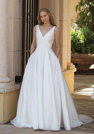 A-line Beach Elegant V Neck Satin Ball Gown Bridal Dresses Wedding Dresses - TREBLEV