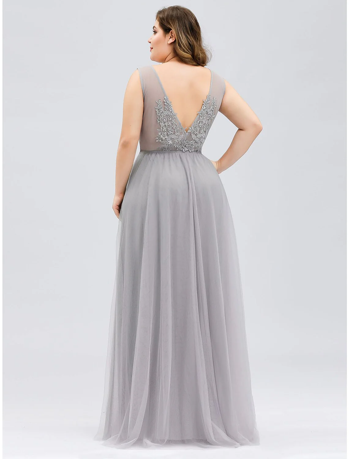 A-Line Prom Dresses Plus Size Dress Prom Floor Length Sleeveless V Neck Tulle V Back with Beading Appliques - TREBLEV