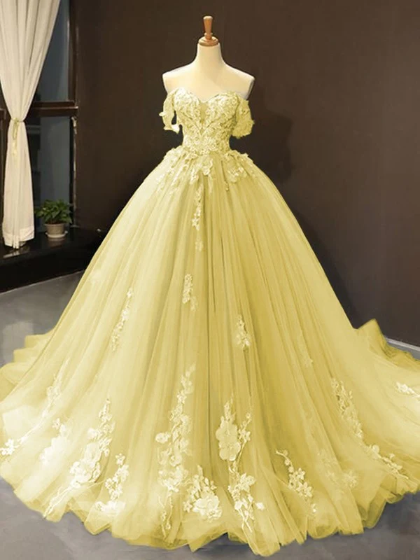 Ball Gown Tulle Off-the-Shoulder Sleeveless Applique Sweep/Brush Train Dresses - TREBLEV