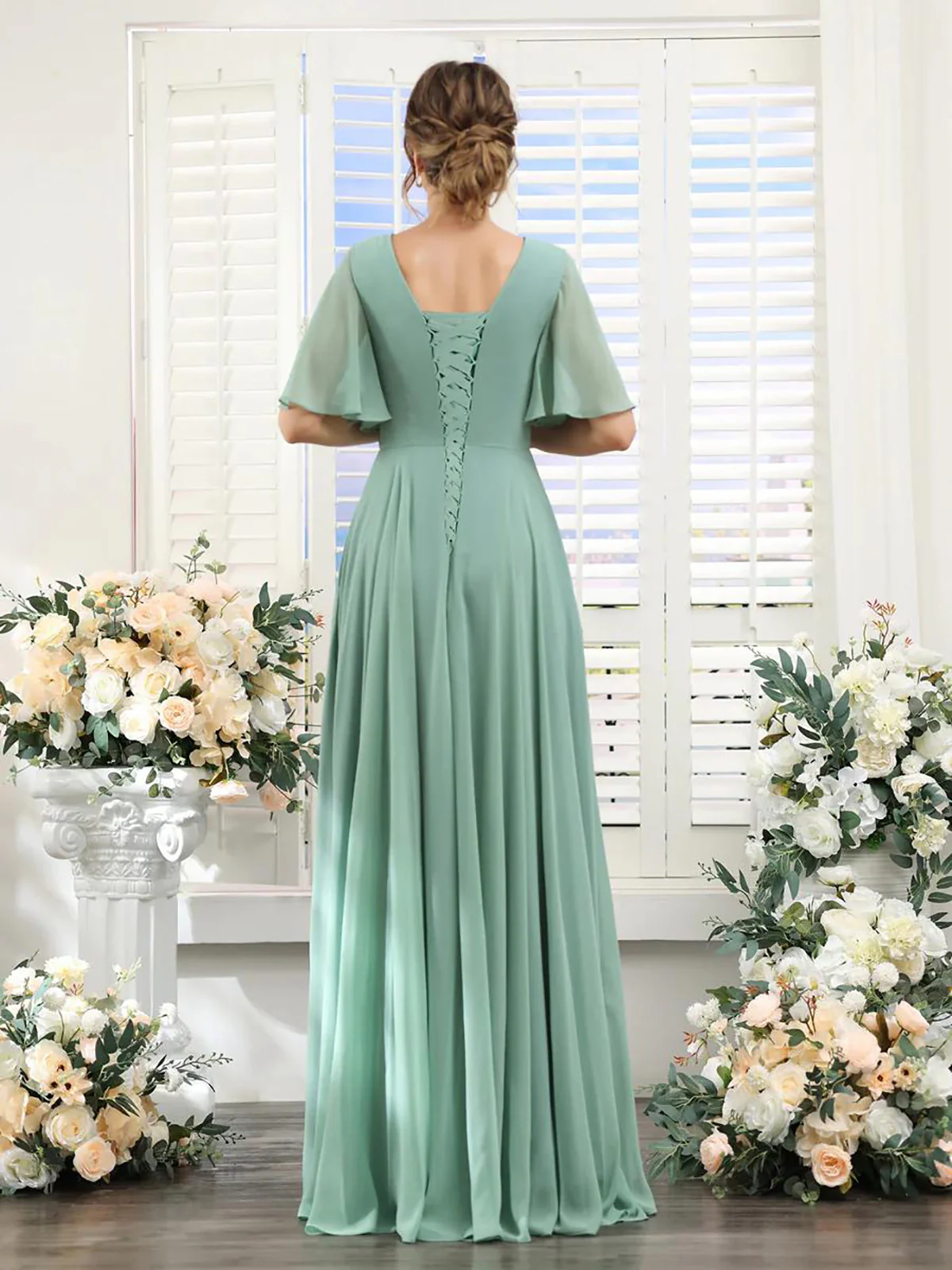 A-Line V Neck Sleeve Bridesmaid Dress for Wedding Guest Long Chiffon Party Dresses with Slit - TREBLEV