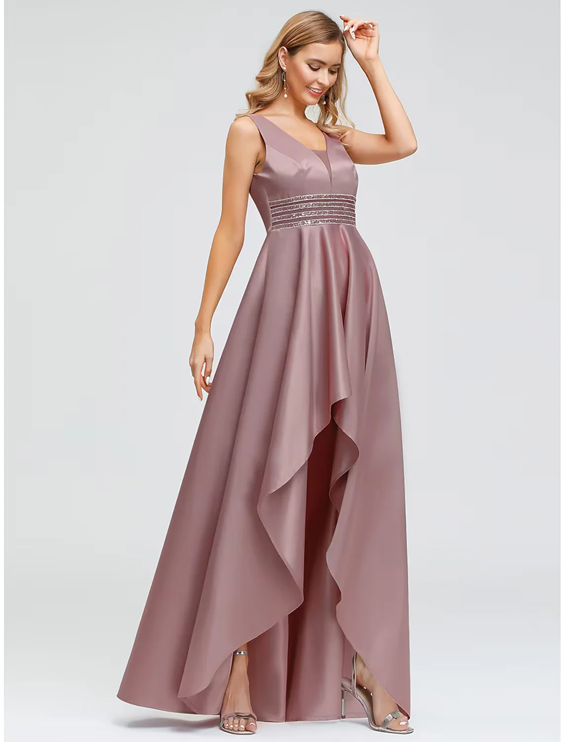 A-Line Elegant Wedding Guest Cocktail Party Dress V Neck V Back Sleeveless Asymmetrical Polyester with Crystals Beading - TREBLEV