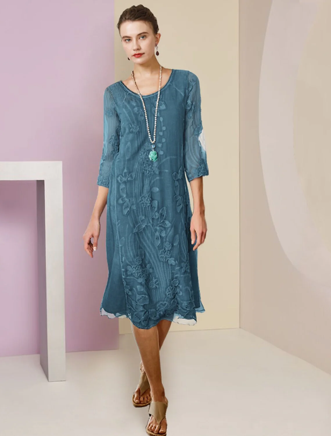 Two Piece Sheath / Column Mother of the Bride Dress Formal Wedding Guest Elegant Scoop Neck Knee Length Chiffon Lace Half Sleeve Jacket Dresses with Appliques - TREBLEV