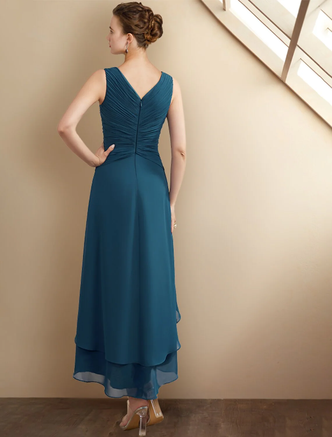A-Line Mother of the Bride Dress Elegant High Low V Neck Asymmetrical Chiffon Sleeveless Wrap Included with Beading Cascading Ruffles Side-Draped - TREBLEV