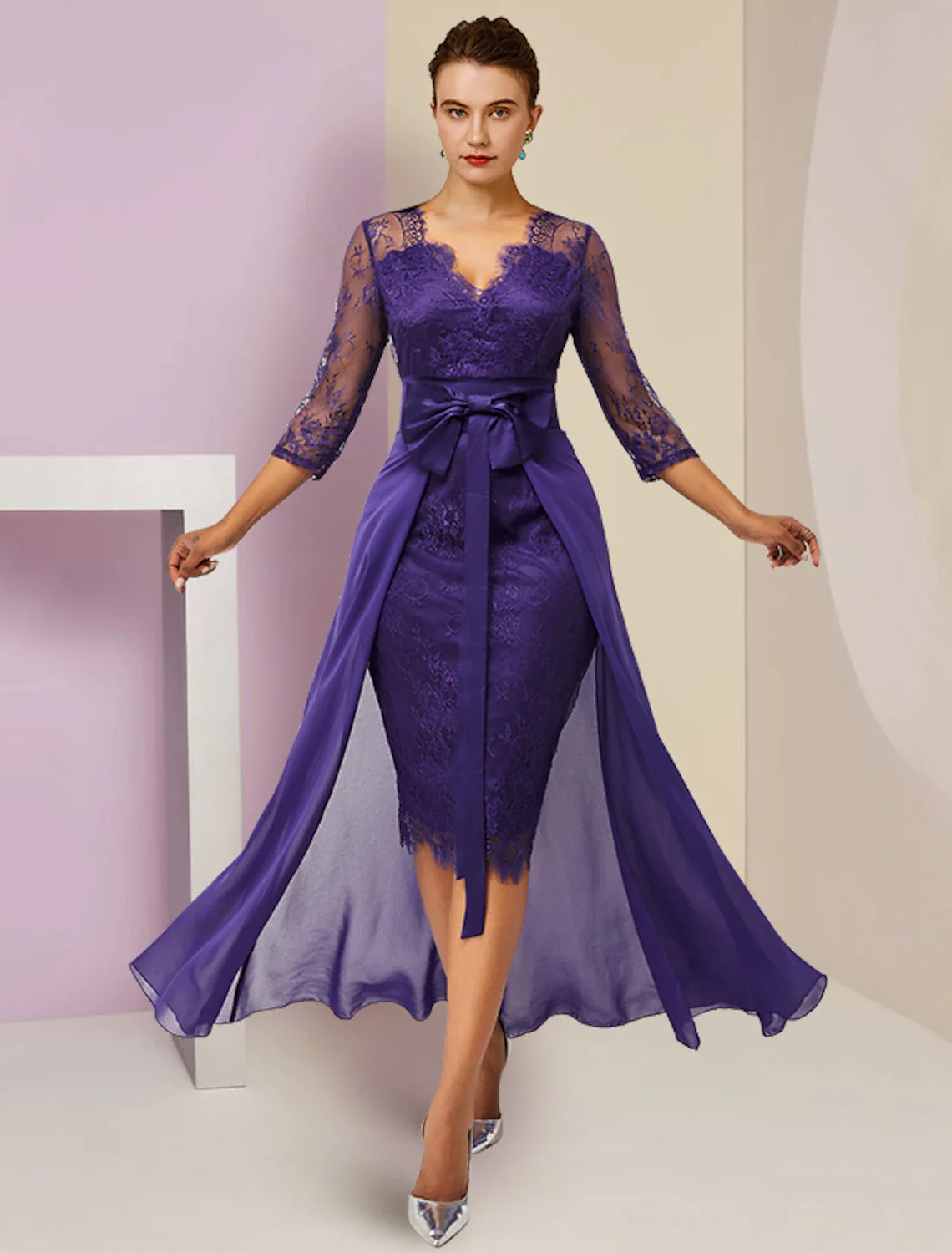 Two Piece Sheath / Column Mother of the Bride Dress Formal Wedding Guest Elegant detachable V Neck Knee Length Chiffon Lace 3/4 Length Sleeve with Bow(s) - TREBLEV