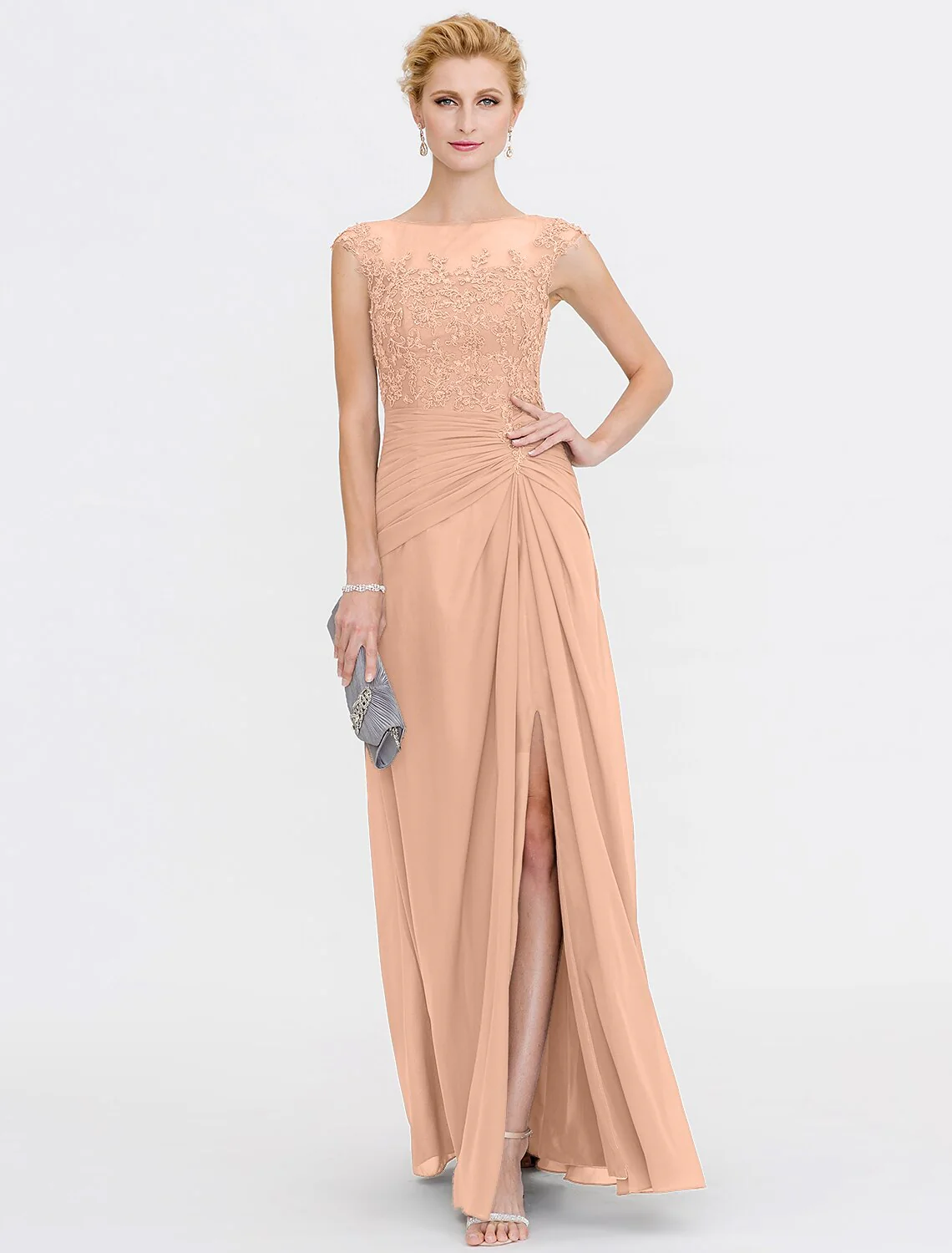 A-Line Mother of the Bride Dress Elegant See Through Bateau Neck Floor Length Chiffon Lace Sleeveless with Side Draping - TREBLEV