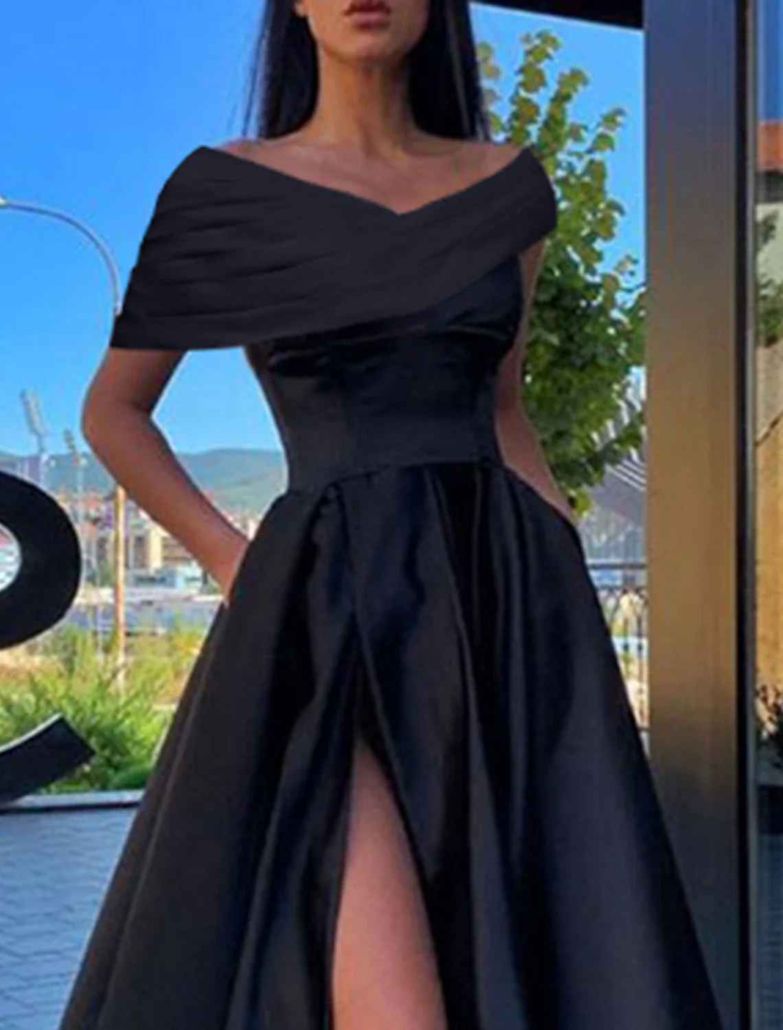 A-Line Prom Dresses Little Black Dress Dress Formal Floor Length Short Sleeve Off Shoulder Satin with Ruched Slit - TREBLEV