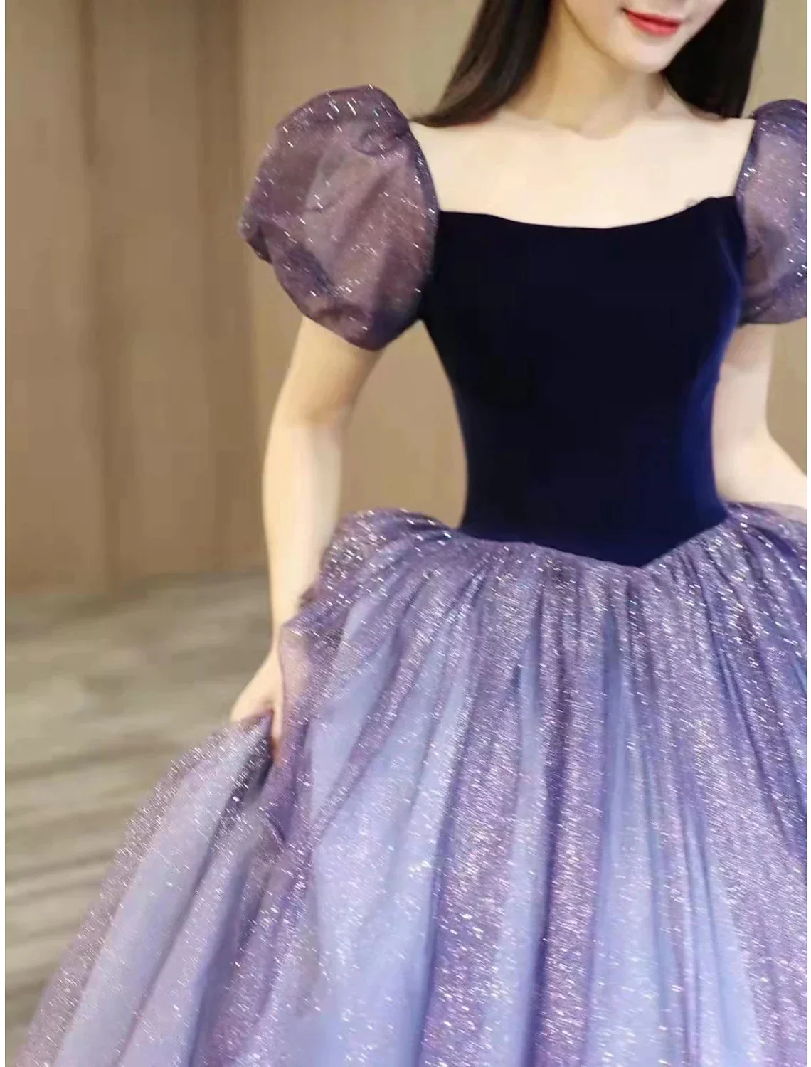 Dresses Engagement Floor Length Short Sleeve Square Neck Tulle with Sequin Splicing - TREBLEV