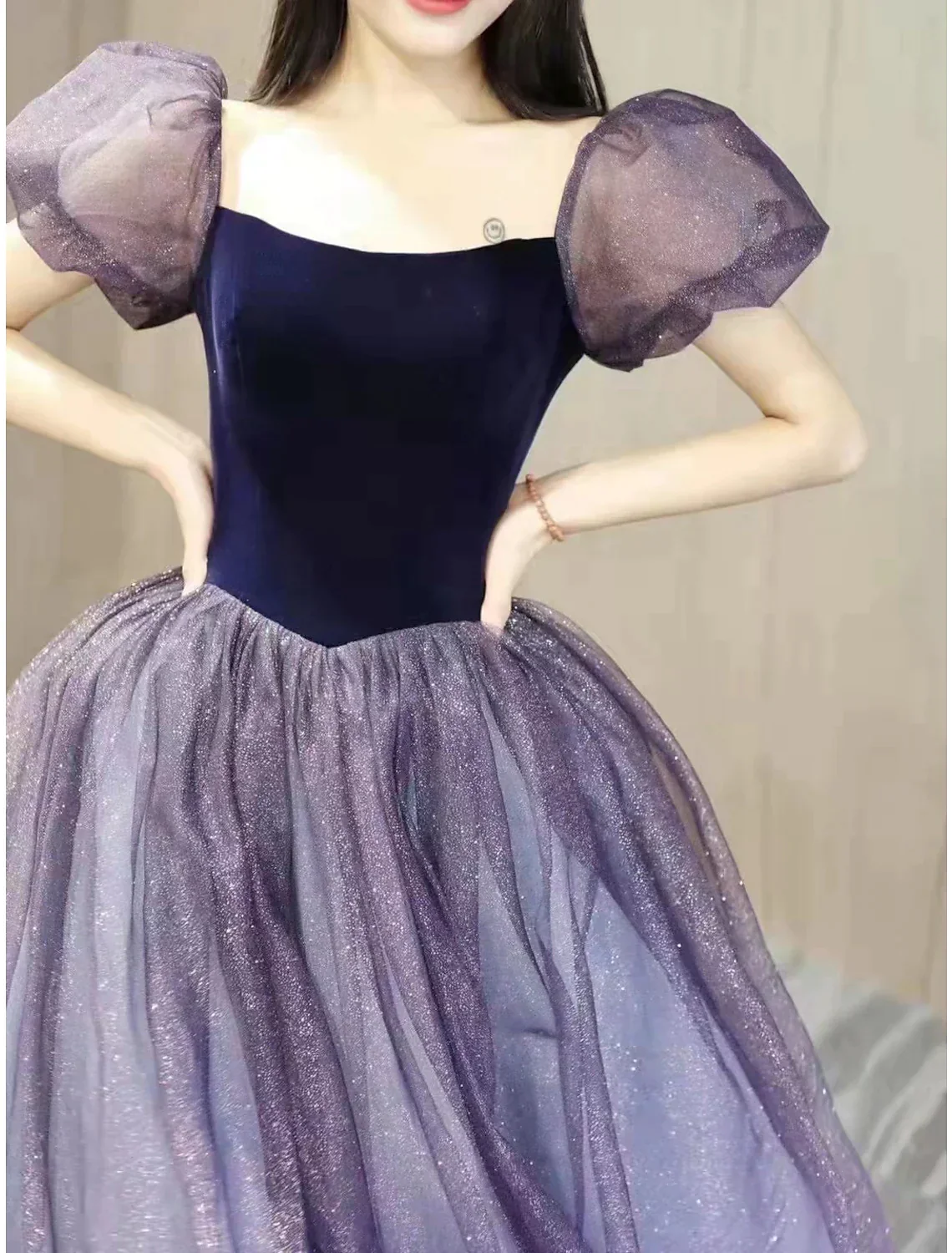 Dresses Engagement Floor Length Short Sleeve Square Neck Tulle with Sequin Splicing - TREBLEV