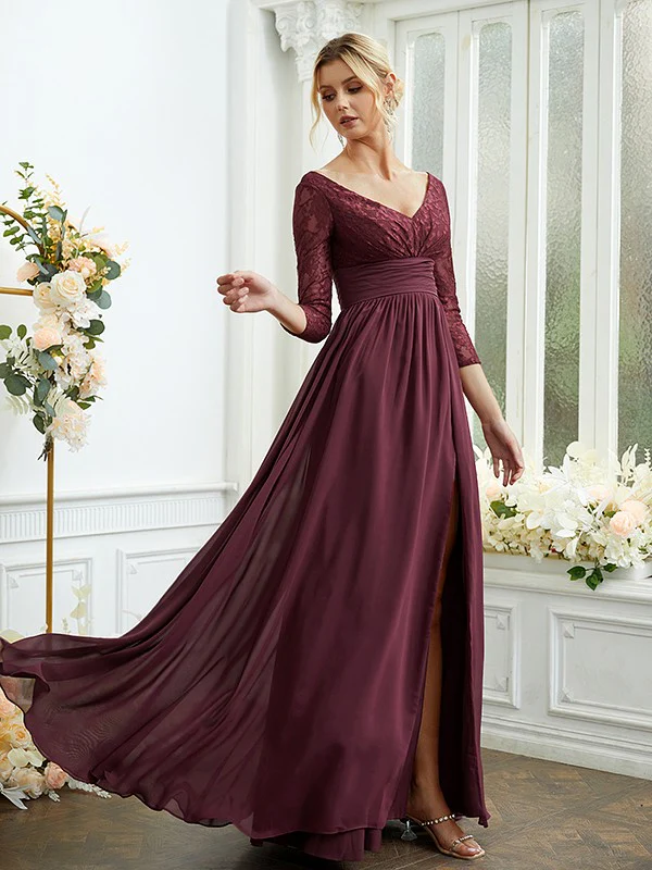 A-Line/Princess Chiffon Lace V-neck Long Sleeves Floor-Length Bridesmaid Dresses - TREBLEV