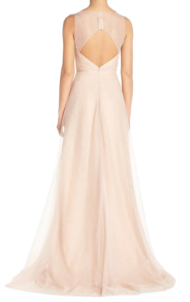 A Line V Neck Tulle Long Bridesmaid Dress - TREBLEV