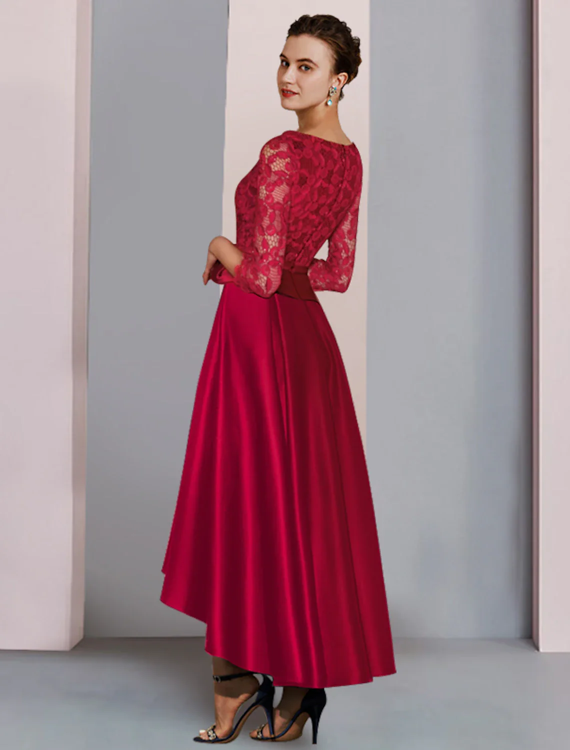 A-Line Mother of the Bride Dress Formal Wedding Guest Party Elegant High Low Scoop Neck Asymmetrical Tea Length Satin Lace 3/4 Length Sleeve with Bow(s) Pleats - TREBLEV