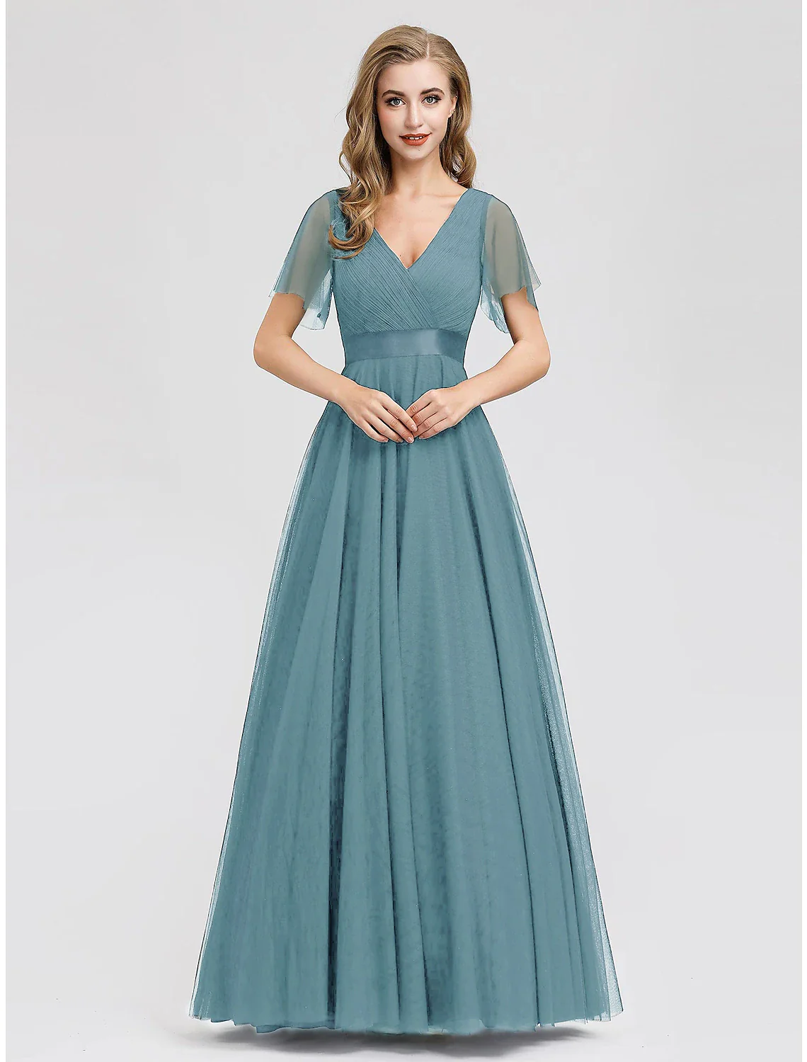 A-Line Empire Wedding Guest Prom Dress V Neck V Back Short Sleeve Floor Length Chiffon with Pleats Ruched - TREBLEV