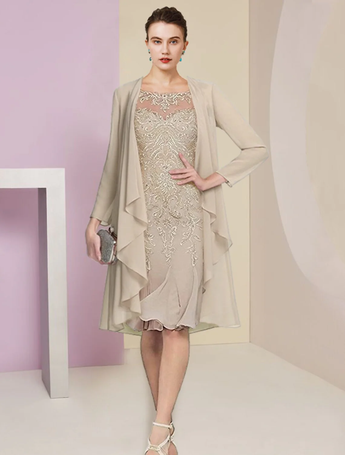 Two Piece Mermaid / Trumpet Mother of the Bride Dress Formal Wedding Guest Vintage Elegant Scoop Neck Knee Length Chiffon Lace Half Sleeve Jacket Dresses with Pleats Appliques - TREBLEV