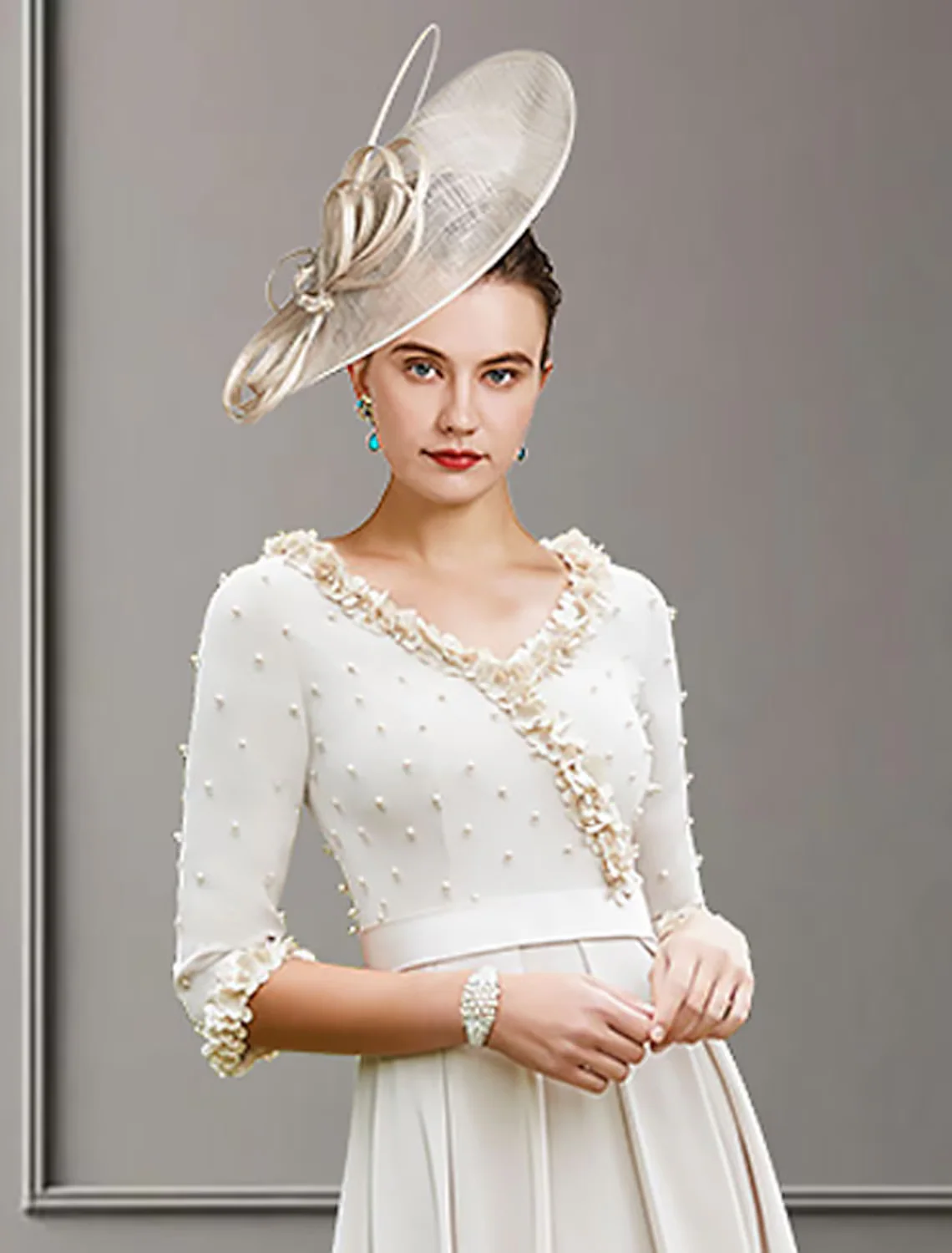 A-Line Mother of the Bride Dress Elegant V Neck Length Stretch Fabric Length Sleeve with Pleats Pearls - TREBLEV