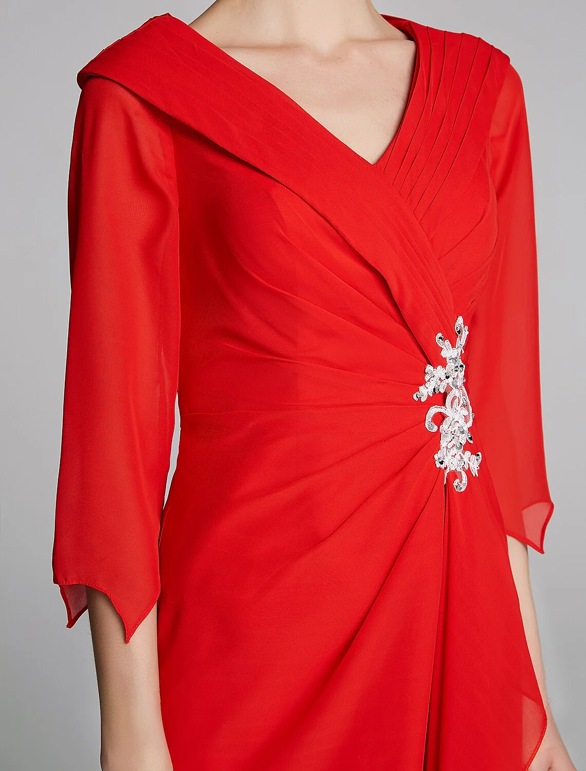 A-Line Mother of the Bride Dress Elegant V Neck Floor Length Chiffon Half Sleeve with Pleats Appliques - TREBLEV