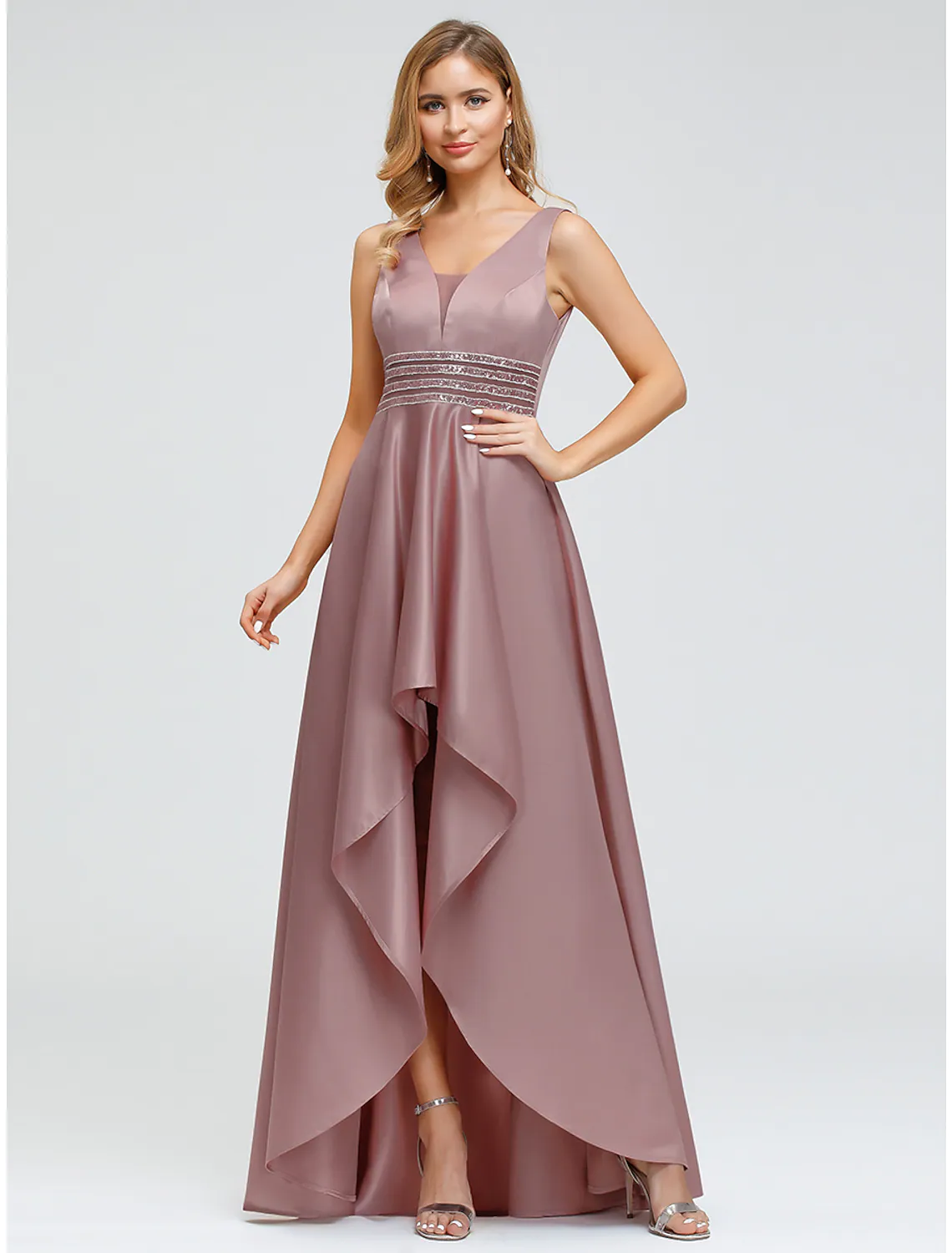 A-Line Elegant Wedding Guest Cocktail Party Dress V Neck V Back Sleeveless Asymmetrical Polyester with Crystals Beading - TREBLEV