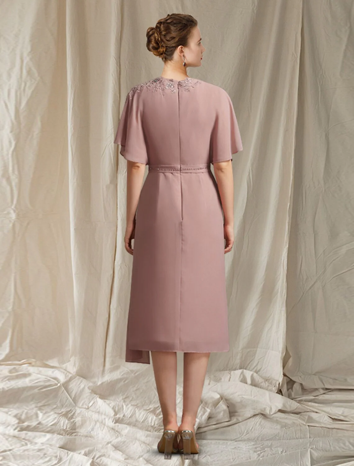 A-Line Mother of the Bride Dress Elegant Jewel Neck Floor Length Chiffon Lace Sleeve with Pleats Appliques - TREBLEV