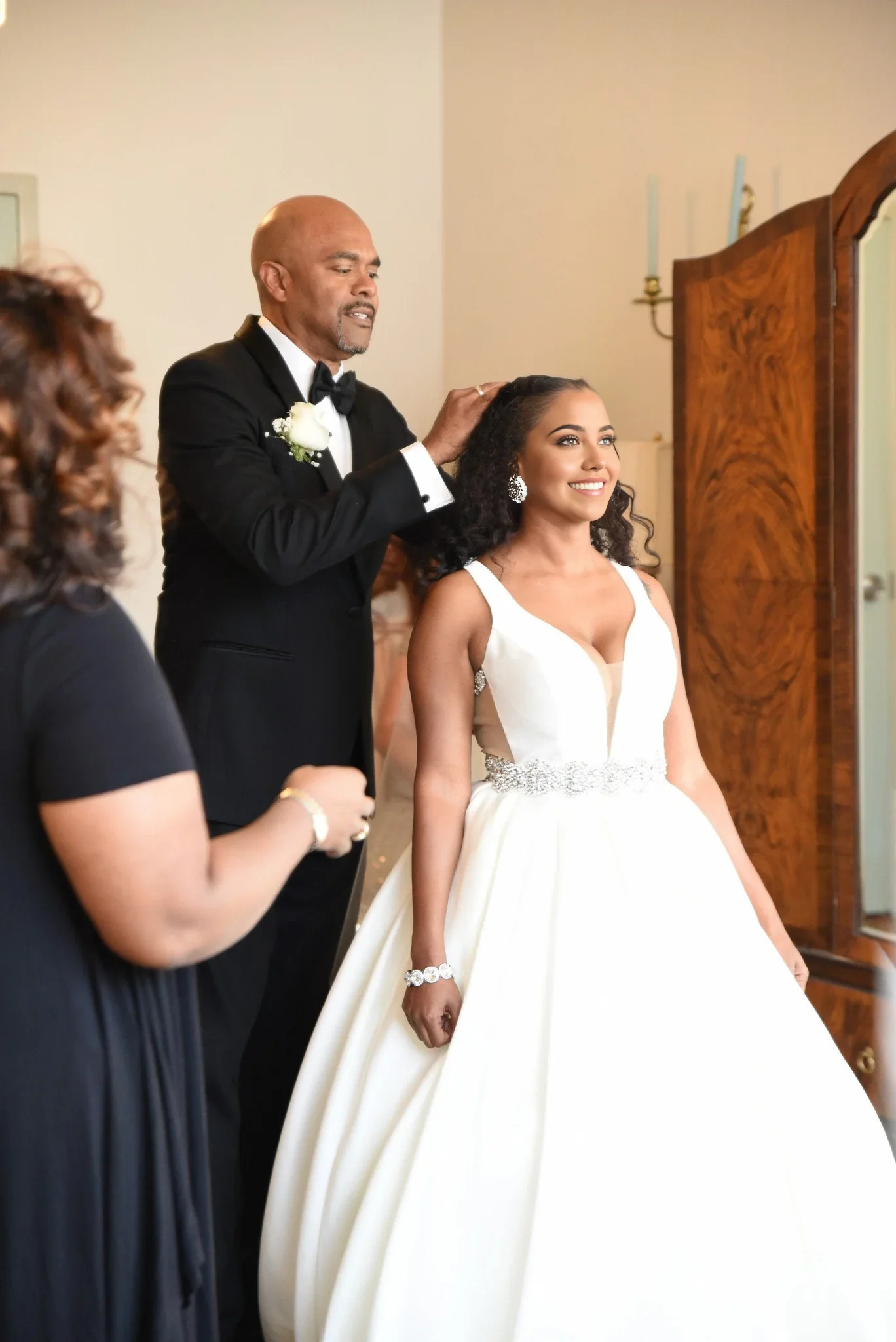 A Line Deep V Neck Satin Backless Beading Bride Dresses Ball Gown Wedding Dresses - TREBLEV