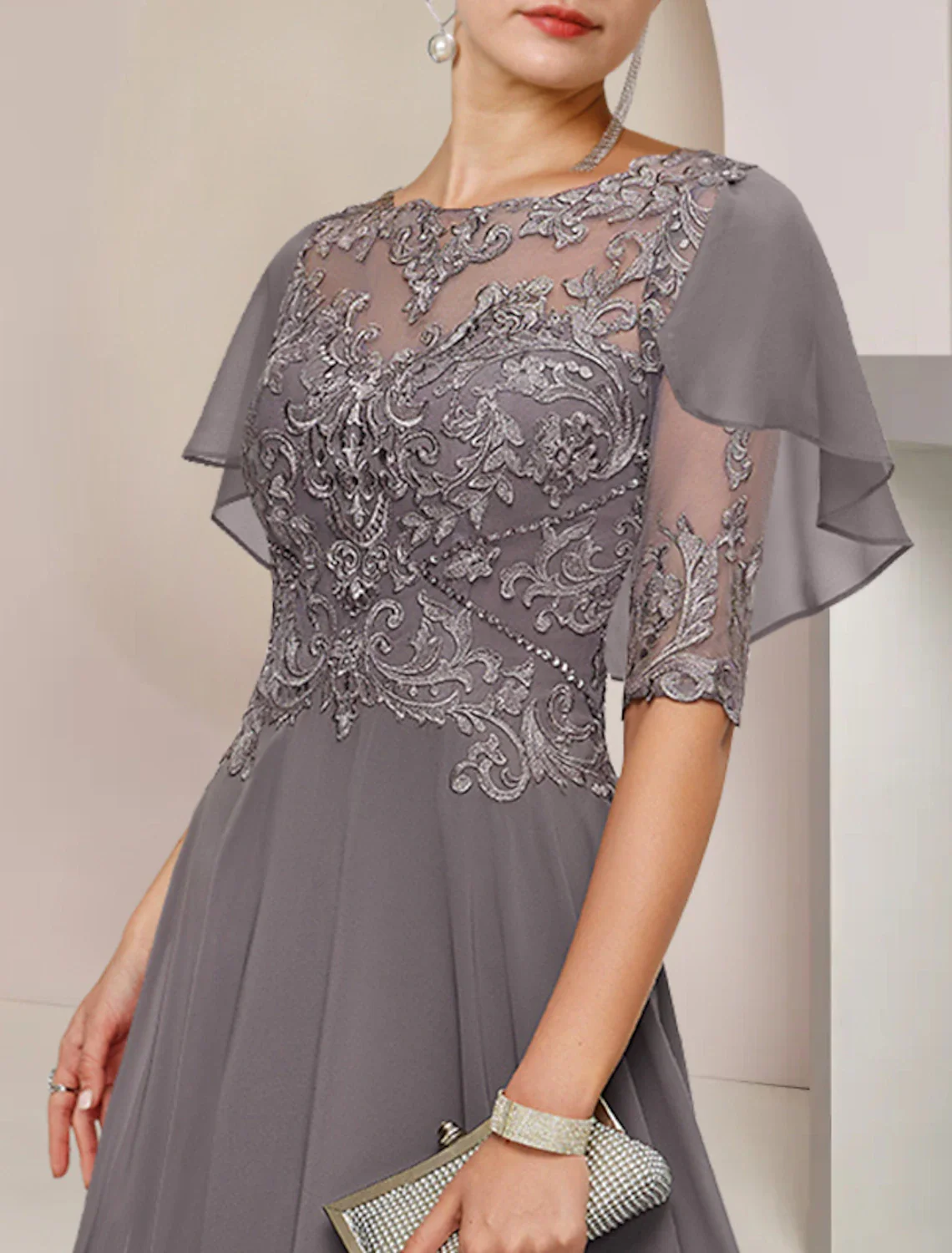A-Line Mother of the Bride Dress Formal Wedding Guest Elegant Scoop Neck Asymmetrical Tea Length Chiffon Lace Half Sleeve with Beading Appliques - TREBLEV