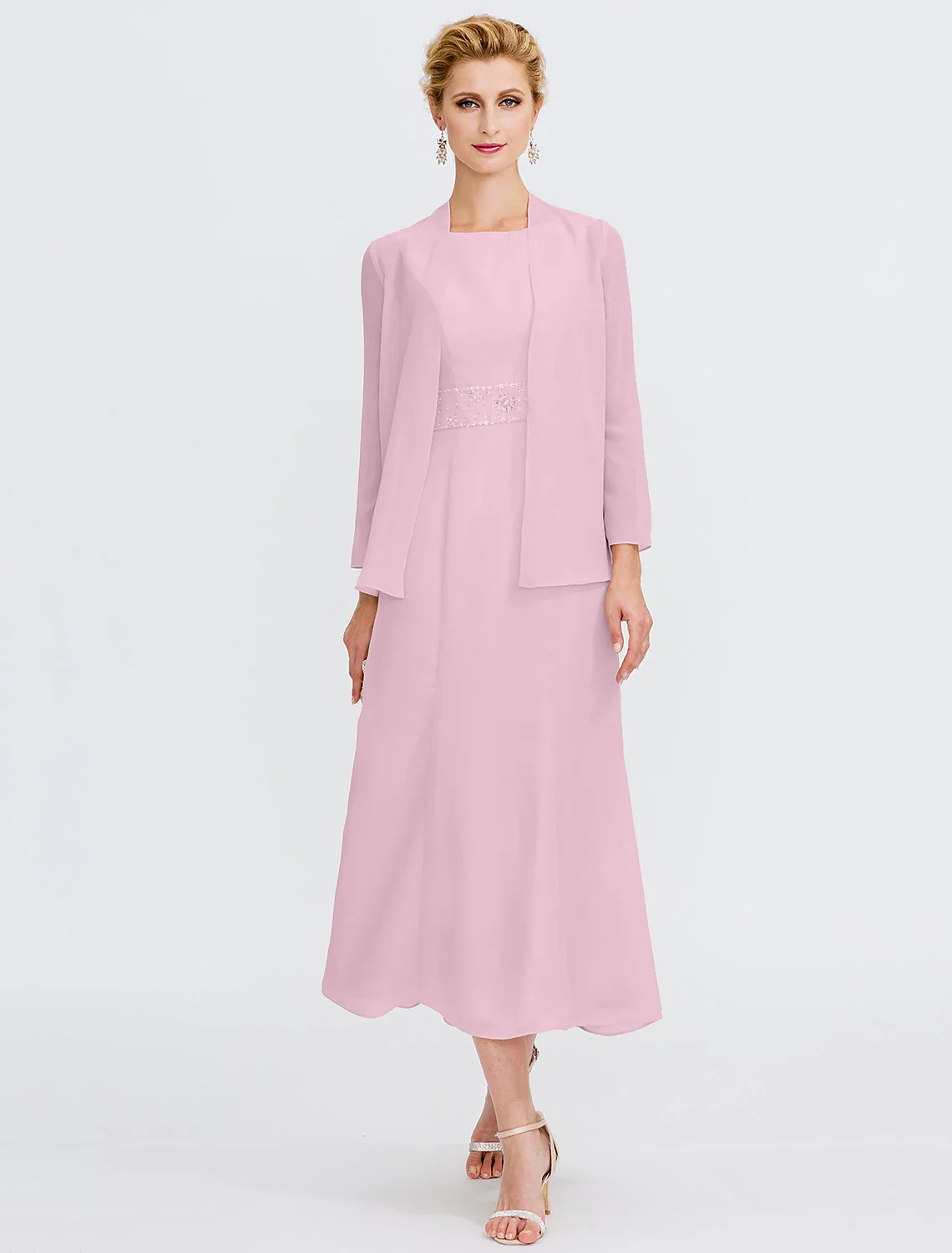 Two Piece Sheath / Column Mother of the Bride Dress Fall Wedding Guest Dresses Plus Size Elegant Jewel Neck Tea Length Chiffon Sleeveless Wrap Included with Sash / Ribbon Pleats Beading - TREBLEV