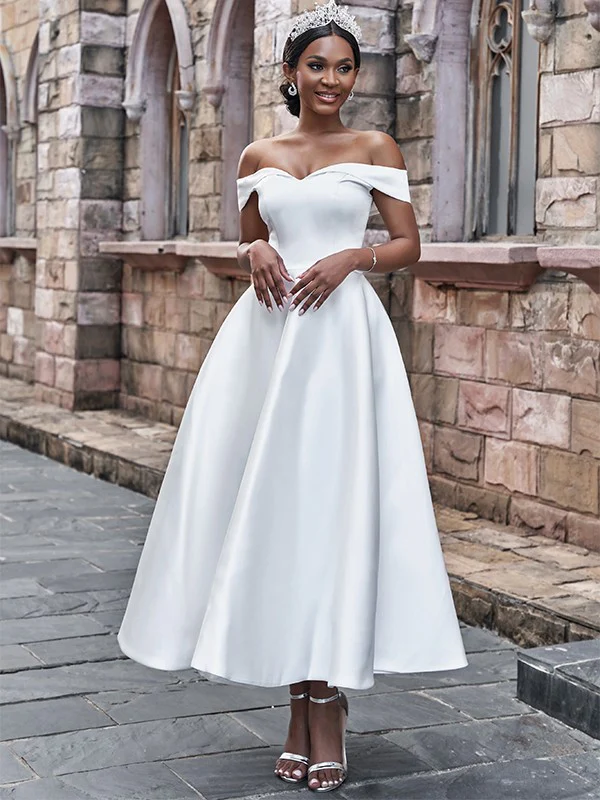 A-Line/Princess Satin Ruffles Off-the-Shoulder Sleeveless Ankle-Length Wedding Dresses - TREBLEV