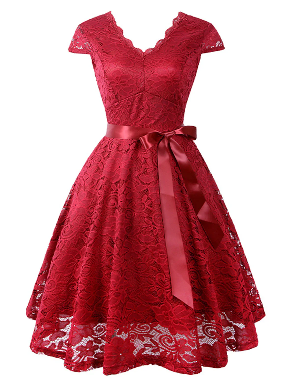 A-Line Cocktail Dresses Vintage Dress Party Wear Knee Length Short Sleeve V Neck Lace V Back with Sash / Ribbon Pleats - TREBLEV