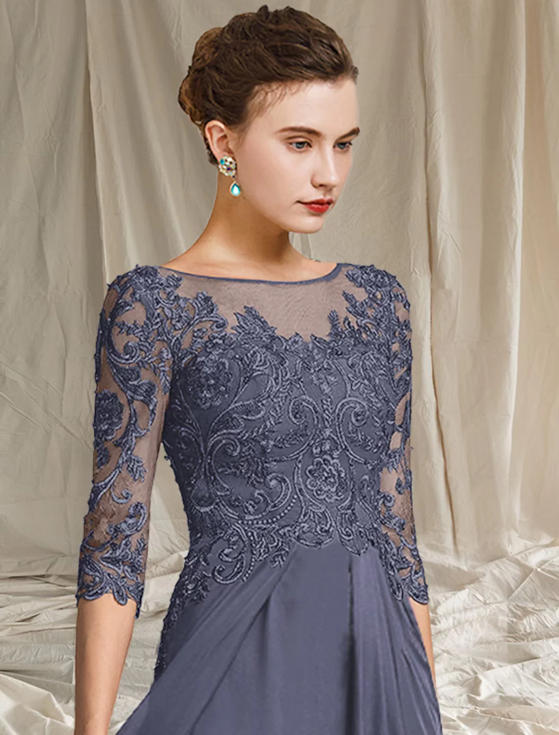 A-Line Mother of the Bride Dress Elegant Floor Length Chiffon Lace Half Sleeve with Pleats - TREBLEV