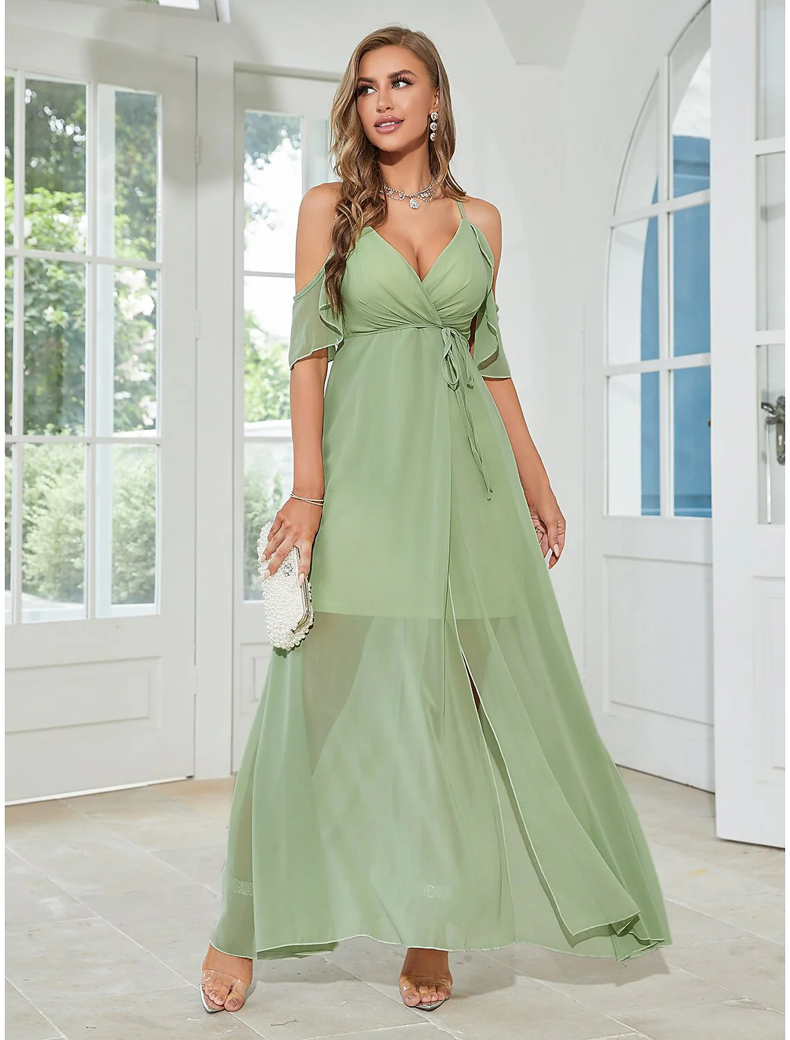 A-Line Wedding Guest Dresses Elegant Dress Party Wear Ankle Length Sleeveless V Neck Chiffon with Ruffles Slit Strappy - TREBLEV