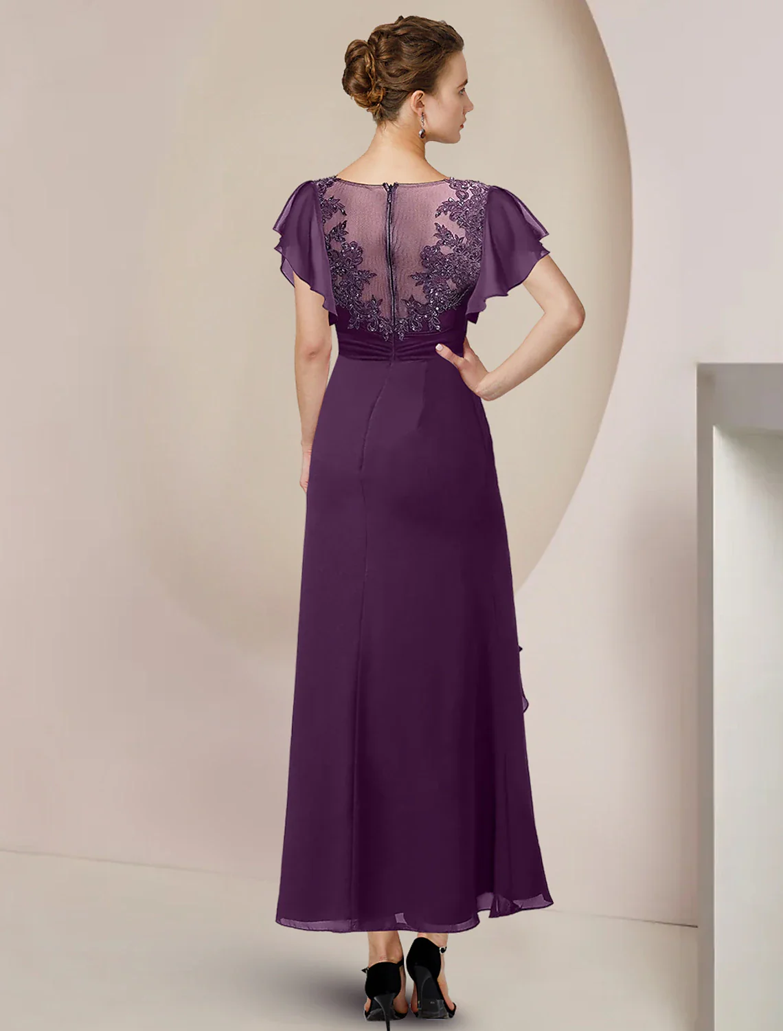 A-Line Mother of the Bride Dress Formal Wedding Guest Elegant Scoop Neck Tea Length Chiffon Lace 3/4 Length Sleeve with Beading Sequin Appliques - TREBLEV