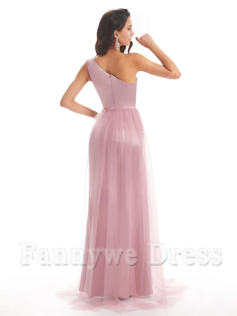 Mermaid One Shoulder Satin Side Slit Tulle formal dresses evening gown Bridesmaid Dresses - TREBLEV