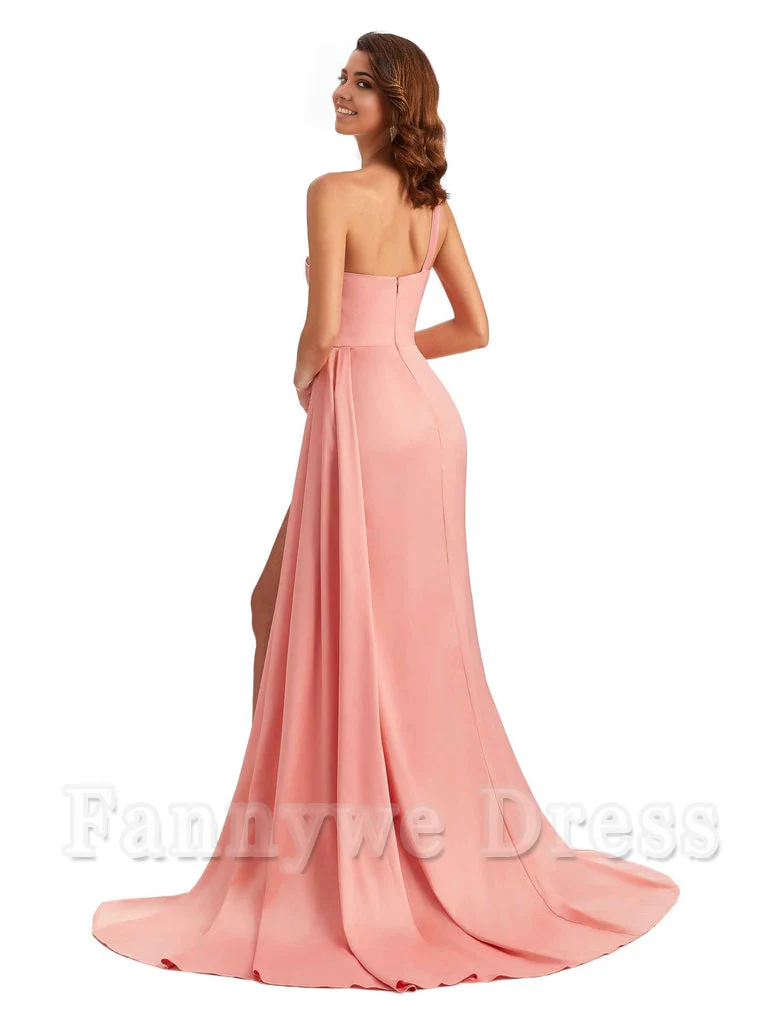 Mermaid One Shoulder Satin formal dresses evening gown Bridesmaid Dresses With Side Slit - TREBLEV