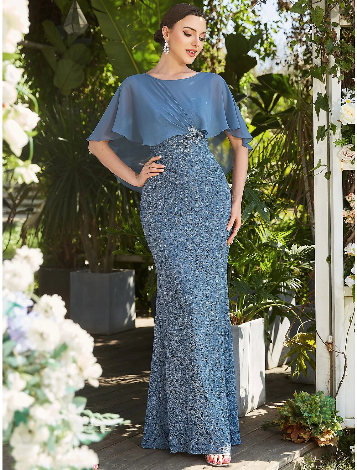 Mermaid / Trumpet Wedding Guest Dresses Elegant Dress Formal Floor Length Sleeveless Jewel Neck Capes Lace with Appliques - TREBLEV