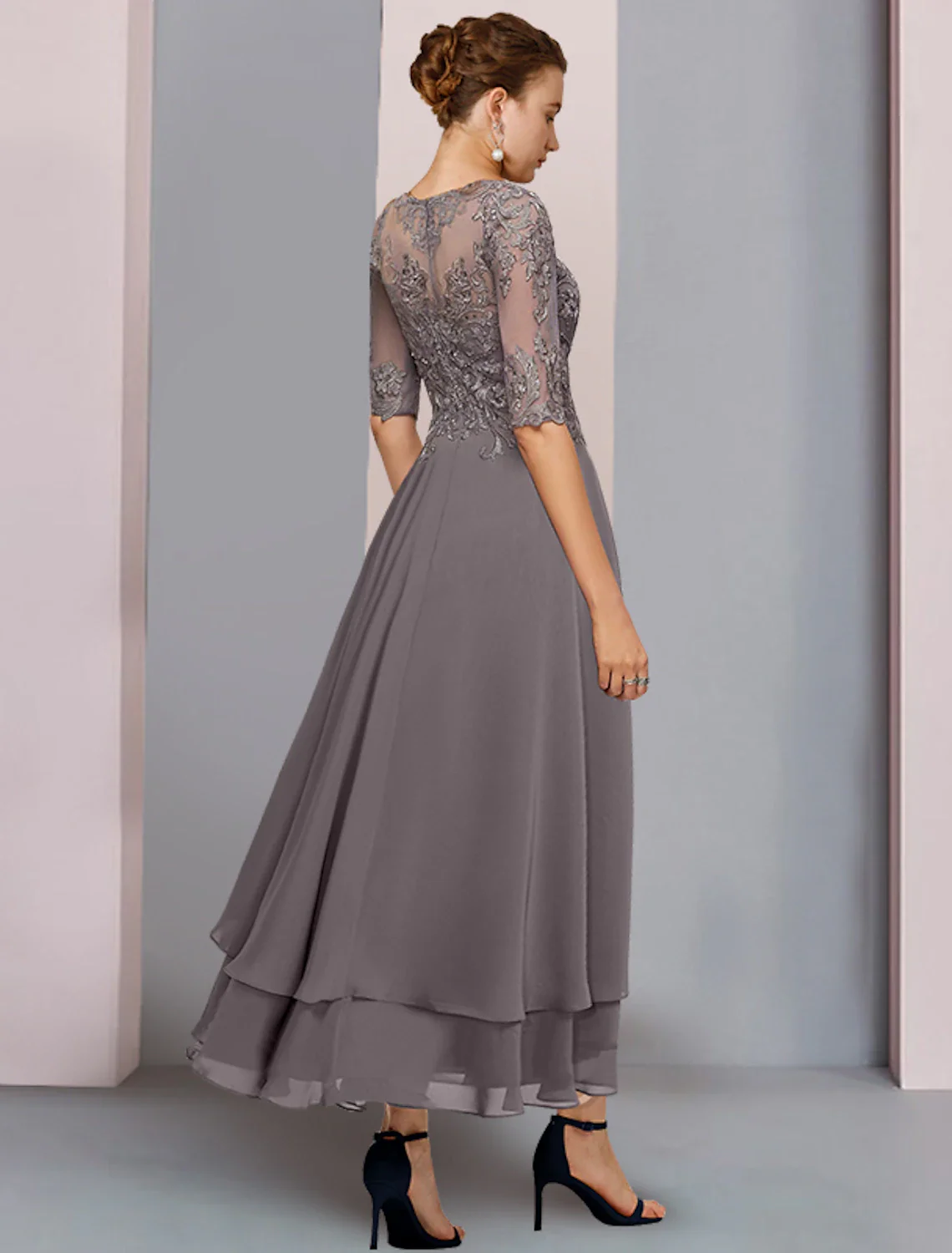 A-Line Mother of the Bride Dress Formal Wedding Guest Elegant Scoop Neck Asymmetrical Tea Length Chiffon Lace 3/4 Length Sleeve with Beading Tier Appliques - TREBLEV