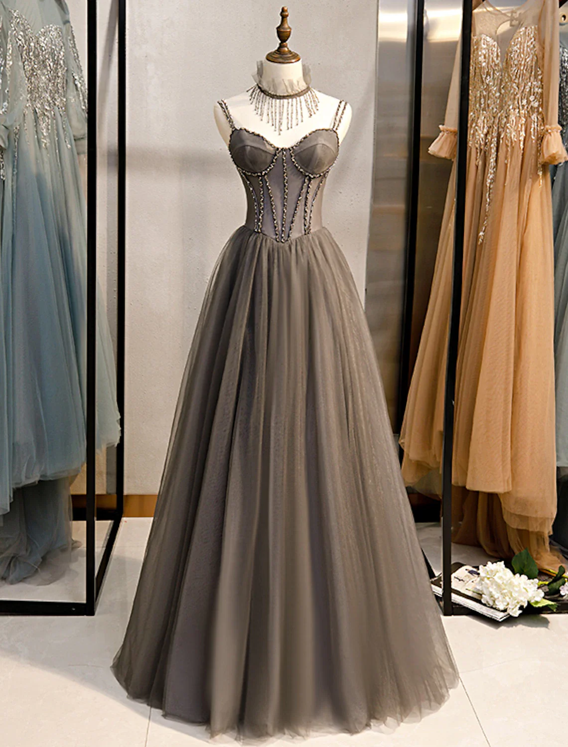 A-Line Prom Dresses Sexy Dress Formal Floor Length Sleeveless Spaghetti Strap Tulle with Pleats Crystals - TREBLEV