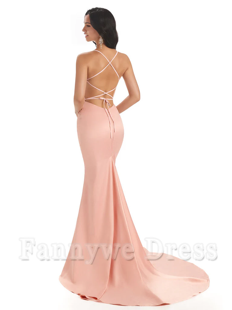 Mermaid Spaghetti Backless Straps Satin Long formal dresses evening gown Bridesmaid Dresses - TREBLEV