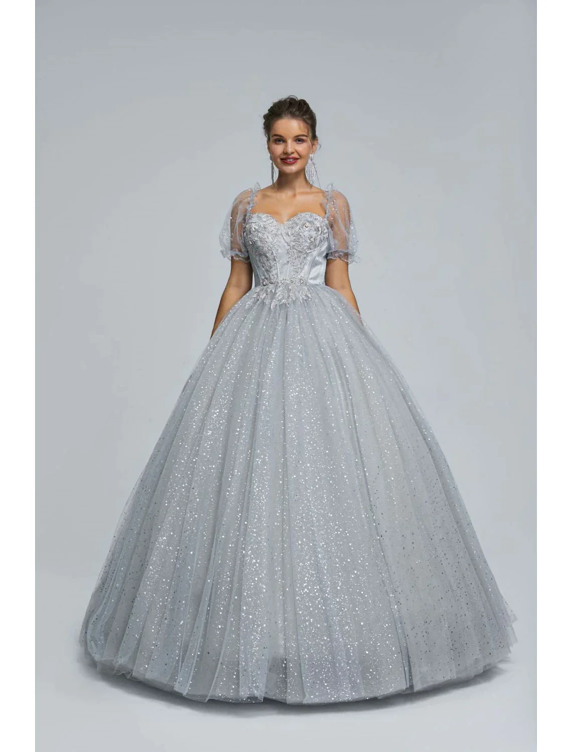 Ball Gown Prom Dresses Princess Dress Graduation Floor Length Short Sleeve Tulle with Sequin Appliques - TREBLEV