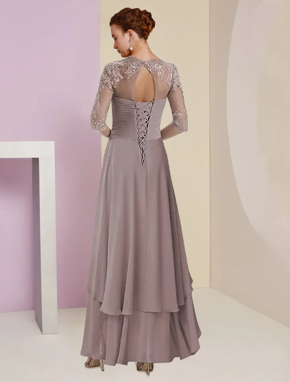 Two Piece A-Line Mother of the Bride Dress Formal Wedding Guest Elegant Square Neck Asymmetrical Tea Length Chiffon Lace 3/4 Length Sleeve Wrap Included with Ruched Tier Appliques - TREBLEV